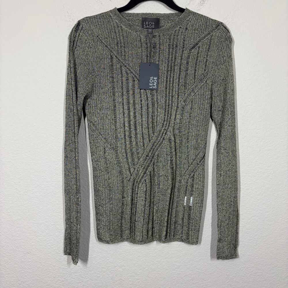Leo & Sage Womens Small Ribbed Sweater Top Gold Cotton Nylon Blend Long Sleeves